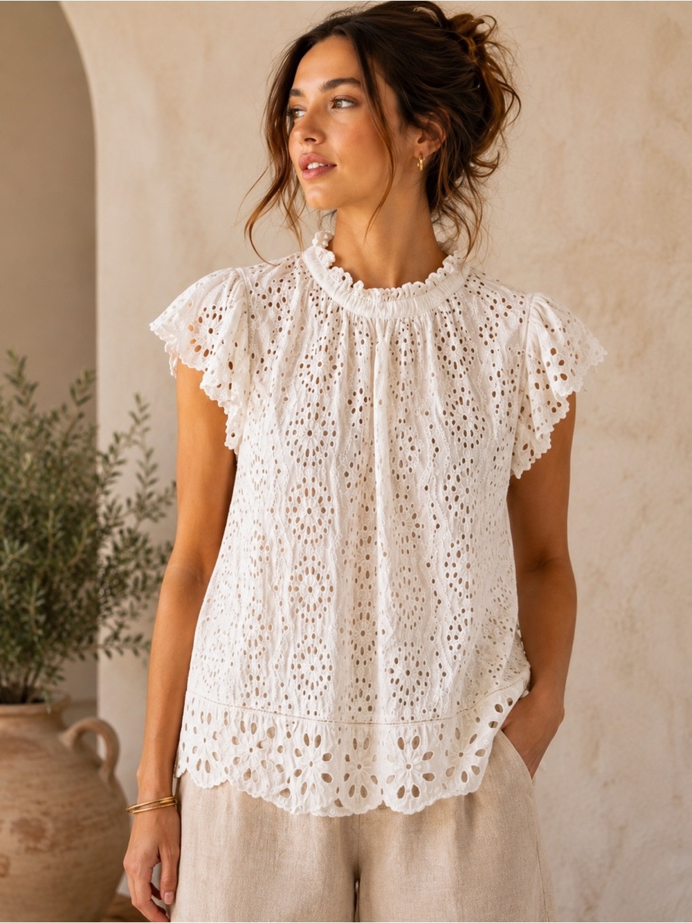 Jennifer Grace Eyelet Lace Blouse XL White Cotton Ruffle Boho Cottagecore Top